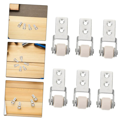 Six Piece Set Of One Inch White Nylon Sliding Roller Guide Wheels For Heavy Duty Furniture And Cabinet Drawer Tracks featuring smooth casters.