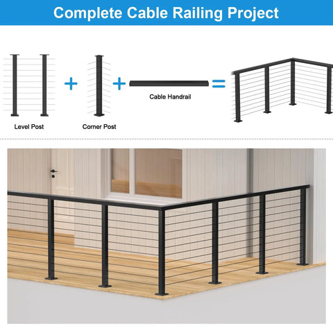 Heavy Duty Black Cable Railing Corner Post For Decks with cable handrail design shown on outdoor deck.