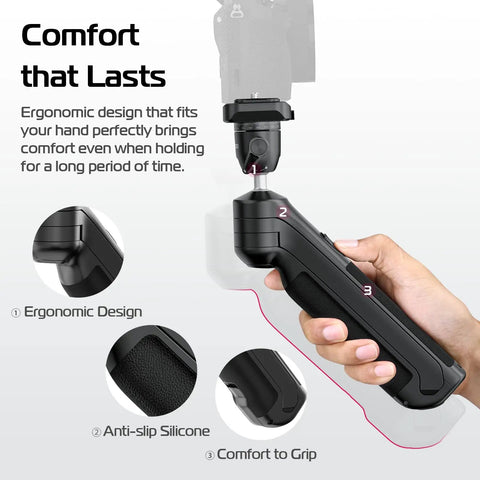Hand holding One-Click Opening Vlogging Tripod With Quick-Release System, close-up of ergonomic grip and anti-slip silicone details.