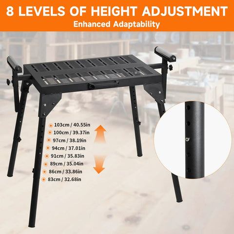 Boss Level Miter Saw Stand With Smooth Extension Rollers Eight Position Height Adjustment Heavy Duty 300 Lb Power Tool Workhorse at 8 heights.