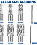 XJX 8-piece HSS annular cutter set with Weldon shank; sizes 1/2–1-1/16 in; pilot pins and hex wrench included