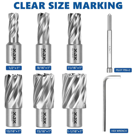 XJX 8-piece HSS annular cutter set with Weldon shank; sizes 1/2–1-1/16 in; pilot pins and hex wrench included