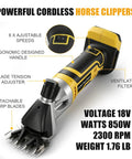 No Sweat Heavy Duty Cordless Sheep Shears For Dewalt 20V Max Battery Not Included Beast Mode 850W All Copper Motor Livestock Clippers 2300 Rpm Farm Grooming Workhorse Tool with ergonomic handle and adjustable speed.