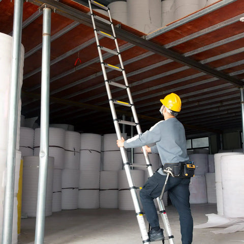Worker using 12.5 Foot Telescoping Aluminum Ladder For Home DIY And Outdoor Use, Multi Purpose Extension Ladder For Household And RV
