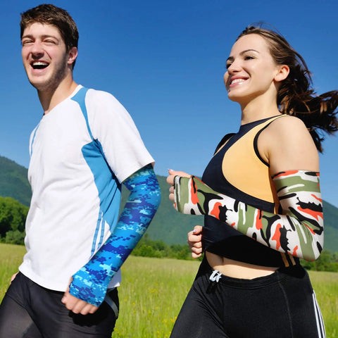 15 Pairs Unisex Arm Sleeves With UV Protection And Anti Slip Ice Silk Fabric For Running Cycling Driving And Outdoor Sports Breathable Cooling Sun Shield in use by runners in nature