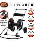 Workhorse Two Wheel Hose Reel Cart With Aluminum Frame Holds 250 Feet Of Five Eighth Inch Hose Rust Free Anodized Aluminum Frame With Stainless Hardware Leak Proof Aluminum Water Connections Never Flat Tires And Handy Tool Storage Basket