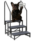 Heavy Duty Three Step Entry Platform Featuring Dual Safety Rails And Powder Coated Steel That Handles 660 Pounds Like A Champ While Delivering Rock Solid Stability And Rust Free Progress Across Every Camping Expedition with a dog holding a 660 lb sign.