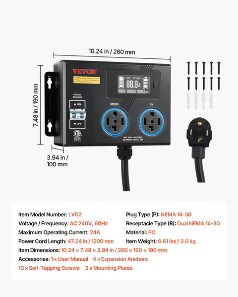 Top Tier EV Charger Splitter Switch Nema 14 30 Straight Up Reliable Dual Outlet Power Hub with digital display and charging ports.
