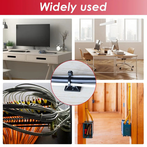 Powerful Back Glue Self Adhesive Cable Zip Tie Mounts Kit showing use in office wiring and cable management applications