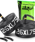 Two Pack 26x1.75-2.125 Butyl Bike Tubes With 35mm Schrader Valve Built For MTB Cruisers City And Road Bikes Includes Two Tire Levers Ready To Roll Spare Set For 26 Inch Tires displayed with green packaging and tire levers