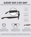 Ray-Ban sunglasses measurement guide showing lens width, bridge width, and temple length with diagram.