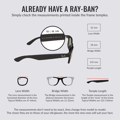 Ray-Ban sunglasses measurement guide showing lens width, bridge width, and temple length with diagram.