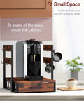 Rustic Brown Coffee Pod Organizer Drawer For Vertuo And Nespresso Keeps 28 Large Or 56 Small Pods Neatly Sorted In Four Columns With Cup Rack And Compact Drawer Style positioned under a cabinet with coffee machine.