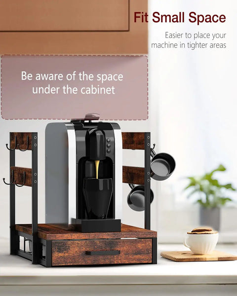 Rustic Brown Coffee Pod Organizer Drawer For Vertuo And Nespresso Keeps 28 Large Or 56 Small Pods Neatly Sorted In Four Columns With Cup Rack And Compact Drawer Style positioned under a cabinet with coffee machine.