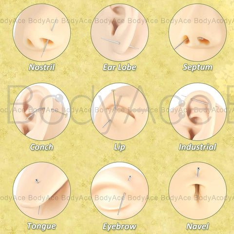 Diagram showing Piercing Taper Ball Grabber Tool Set 14G 16G 18G 20G Stainless Steel For Easy Jewelry Change on various body parts.