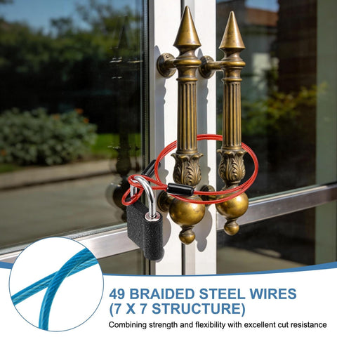 Blue heavy duty safety cable wire rope with double loop locking ornate door handles for security