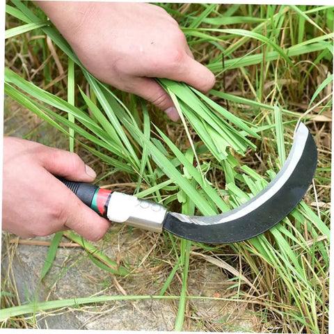 Person using Two Pack Manganese Steel Garden Sickle Tool Set, Ergonomic Hand Weeder For Weeding Mowing Harvesting And Yard Work