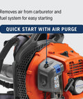Close-up of Gas Backpack Leaf Blower With 51cc 2.16 HP Two-Cycle Engine featuring quick start air purge detail