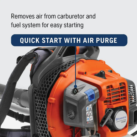 Close-up of Gas Backpack Leaf Blower With 51cc 2.16 HP Two-Cycle Engine featuring quick start air purge detail