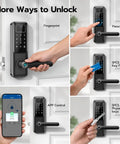 Slick Wifi Video Smart Lock With Integrated Camera And Audio Alert Hella Secure Fingerprint Keypad Setup For Zero Stress Front Door Entry Anytime At Home Or On The Go showing various unlocking methods like fingerprint and app control.