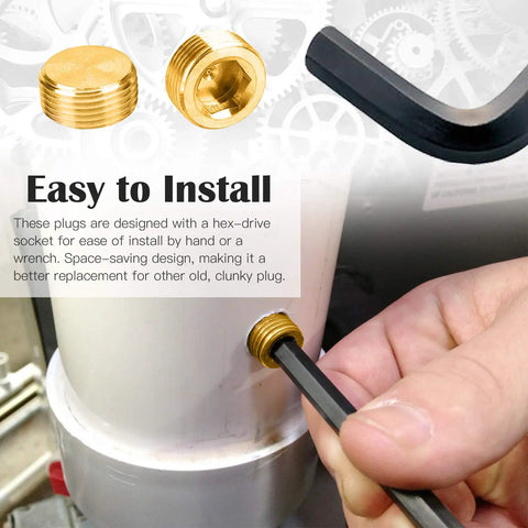 Person installing Brass NPT Pipe Plugs Kit 16-Piece, 5 Sizes 1/8 1/4 3/8 1/2 3/4 Inch with hex wrench, close-up view.
