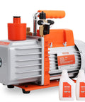 VEVOR 7 CFM dual-stage HVAC vacuum pump, front view in orange and silver with oil bottles.