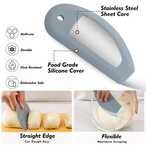 All In One Sourdough Starter Kit With 9 Inch Round And 10 Inch Oval Silicone Banneton Baskets, scraper cutting dough