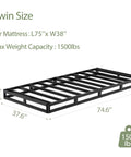 Twin Box Spring 5 Inch Low Profile Heavy Duty Metal Support Offers Legit Stability And Zero Squeaks For Your Twin Mattress With A Protective Cover That Keeps Things Clean And Adds A Sleek Vibe To Your Room, displaying dimensions and weight capacity.