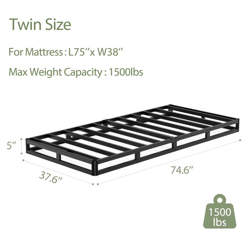Twin Box Spring 5 Inch Low Profile Heavy Duty Metal Support Offers Legit Stability And Zero Squeaks For Your Twin Mattress With A Protective Cover That Keeps Things Clean And Adds A Sleek Vibe To Your Room, displaying dimensions and weight capacity.