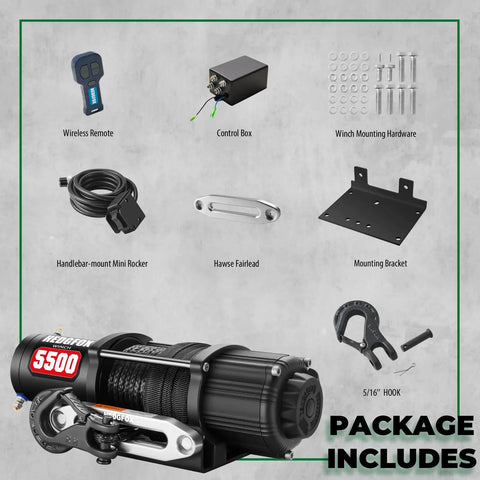 Heavy Duty 5500 Lb Electric Winch For Atv Utv With 12 Volt Motor, includes wireless remote, control box, and mounting hardware.