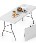 6 Ft Folding Table For Indoor And Outdoor Use Heavy Duty Plastic Foldable Dining Surface set for meal with pastries and drinks