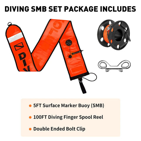 5Ft Surface Marker Buoy Set With Open Bottom DSMB, High Visibility Orange SMB, 100Ft Aluminum Finger Reel, Double Ended Bolt Clip set