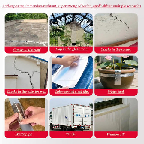 Heavy Duty Roof Shingles Repair Tape With Resilient Butyl Sealer For Leaky Pipes And Gutters Quick Fix Aluminum Foil Patch Set applied on various surfaces.