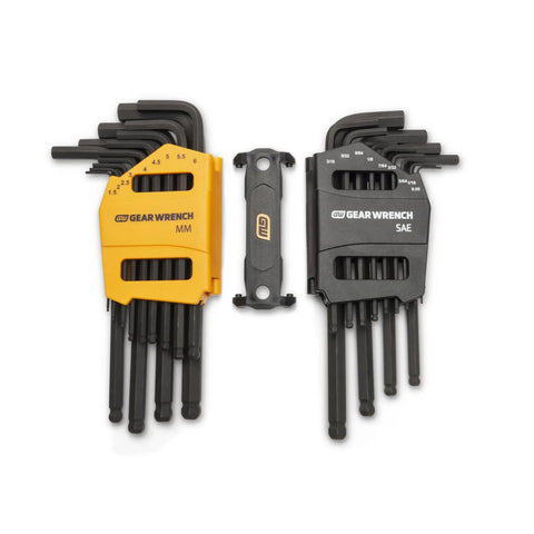 26 Piece SAE And Metric Ball End Long Arm Hex Key Set For Tight Spaces, Ball End Hex Keys With Long Reach, Alloy Steel Construction For Maximum Strength, 83505 with yellow and black caddies on a white background.