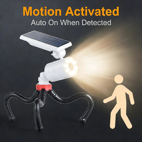 Solar Motion Light Outdoor Waterproof 1400LM Security Spotlight With Flexible Tripod, No Drill Mount, Aluminum Floodlight For Camping, Fence And Patio, 9W Battery Powered, White