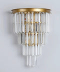 Slick Gold Crystal Four Tier Wall Sconce Lighting with K9 crystals and gold finish, perfect for modern decor in various rooms.