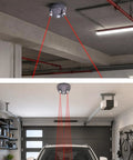 Dual Laser Garage Parking Assist With 360 Degree Adjustable Sensors And Motion Activated Laser Guide mounted on garage ceiling projecting red beams.