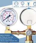 Front view of a 2.5-inch glycerin-filled pressure gauge with brass 1/4 NPT lower mount and stainless steel case, 0–100 psi.