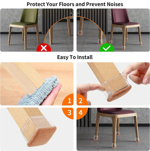 24 Pack Slick Clear Chair Leg Floor Protectors For Hardwood Floors Thickened Silicone Felt Caps on chair legs, easy installation guide.