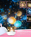 Kids Night Light Rotating Starry Night Projector With Remote Control 6 Projection Films USB Rechargeable Soothing Music Bedside Nursery Lamp For Baby Boys Girls Gift White showing projection of stars and planets