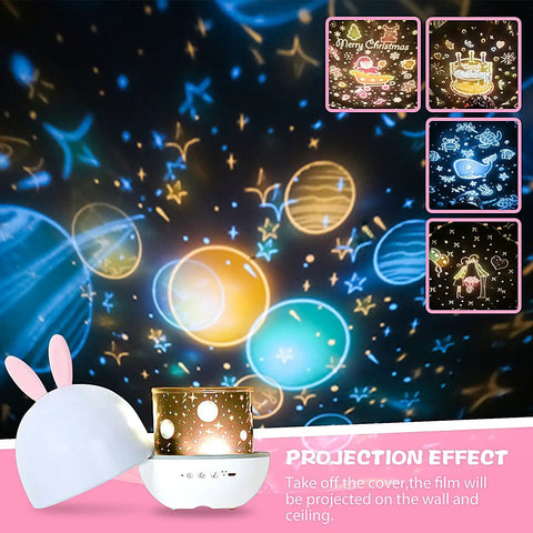 Kids Night Light Rotating Starry Night Projector With Remote Control 6 Projection Films USB Rechargeable Soothing Music Bedside Nursery Lamp For Baby Boys Girls Gift White showing projection of stars and planets