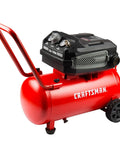 Badass 10 Gallon Oil Free Air Compressor Ultra Quiet 175 PSI Max Portable Shop Pump on wheels with red steel tank and black motor.