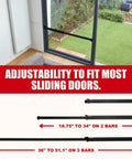 Heavy Duty Sliding Door Security Bar With Child Proof Anti Lift Lock And No Sweat Setup For Adjustable Patio And Window Defense Up To Fifty One Inches Black Steel Bar, adjustable size details shown.