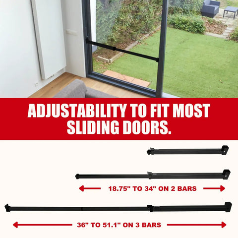 Heavy Duty Sliding Door Security Bar With Child Proof Anti Lift Lock And No Sweat Setup For Adjustable Patio And Window Defense Up To Fifty One Inches Black Steel Bar, adjustable size details shown.