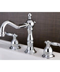 Heritage Widespread Lavatory Faucet In Polished Chrome With Deck Mount Three Hole Installation Dual Lever Handles