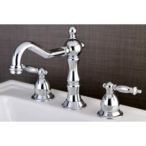 Heritage Widespread Lavatory Faucet In Polished Chrome With Deck Mount Three Hole Installation Dual Lever Handles