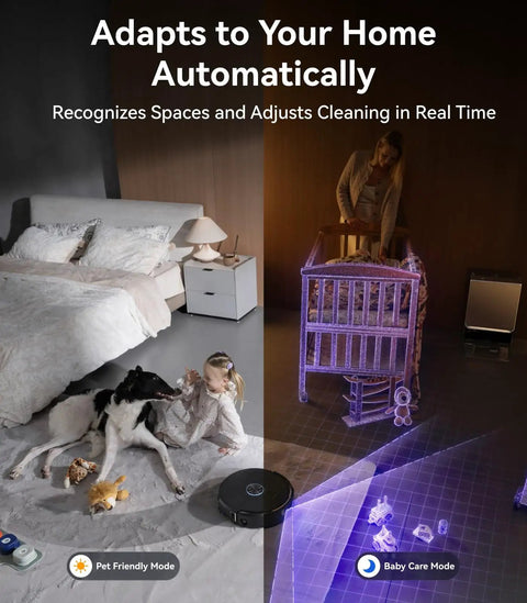 Flow 2 Robot Vacuum And Mop Combo With 31000 Pa Suction in a bedroom with pet toys and a crib