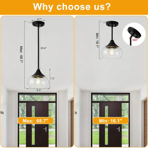 Modern Pendant Light Fixture With Clear Glass Shade And Adjustable Drop Wire For Kitchen Island Dining Room Bedroom Matte Black Industrial Lantern displaying max and min height.