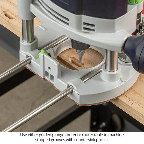Knockout Countersink Slotting Router Bit For Size Eight Flathead Screws Solid Carbide Build used in a plunge router for precise grooves.