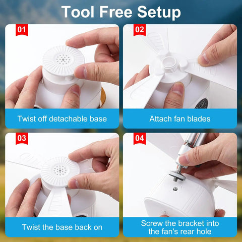 Portable Camping Fan With LED Lights And Remote, 9.25 Inch Wireless Rechargeable Tent Ceiling Fan assembly steps